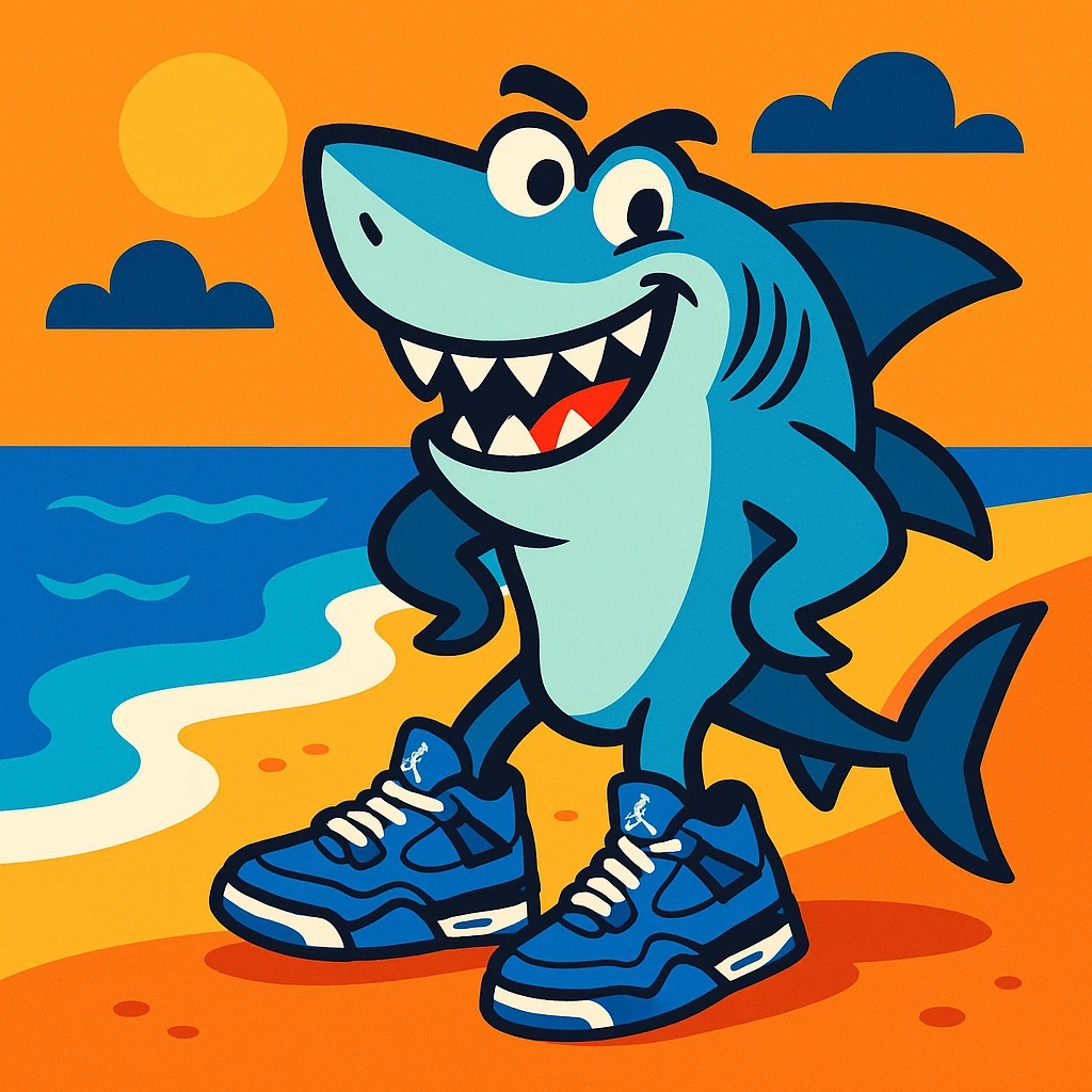 fun and lively cartoon style shark near the coast of a beach, wearing four blue Jordan tennis shoes emoji