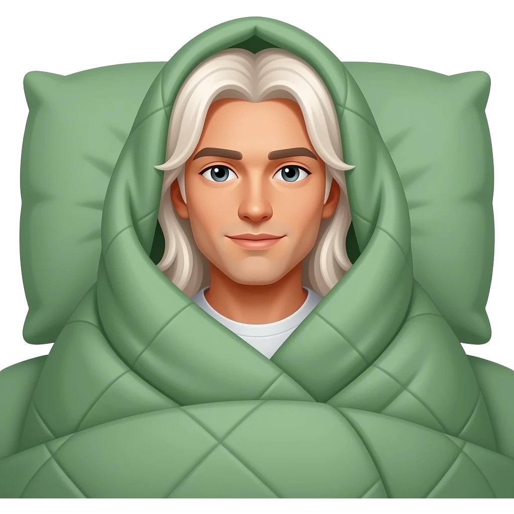 Snuggled beneath blankets around head, Medium dark, olive, Really long white hair past the shoulders, tanned, clean-shaven young man with long white hair covered in like green duvet in bed emoji
