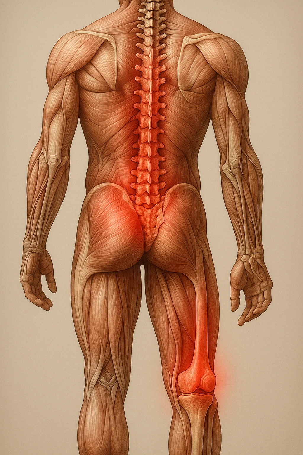 corpo umano anatomico con mal di schiena e al ginocchio, iperrealistico 4k emoji