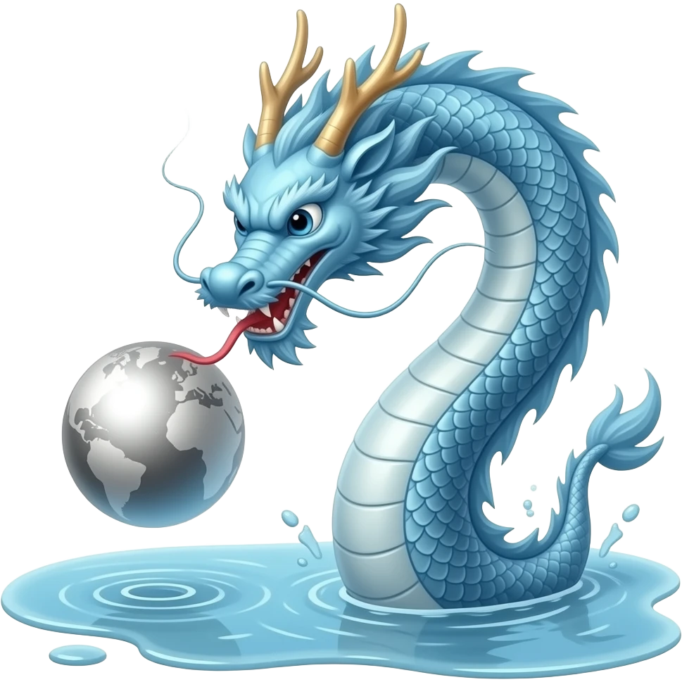 A long silver-blue Chinese serpentine dragon emerges from a puddle of water, hovers above the surface, playing with a silver planet. emoji