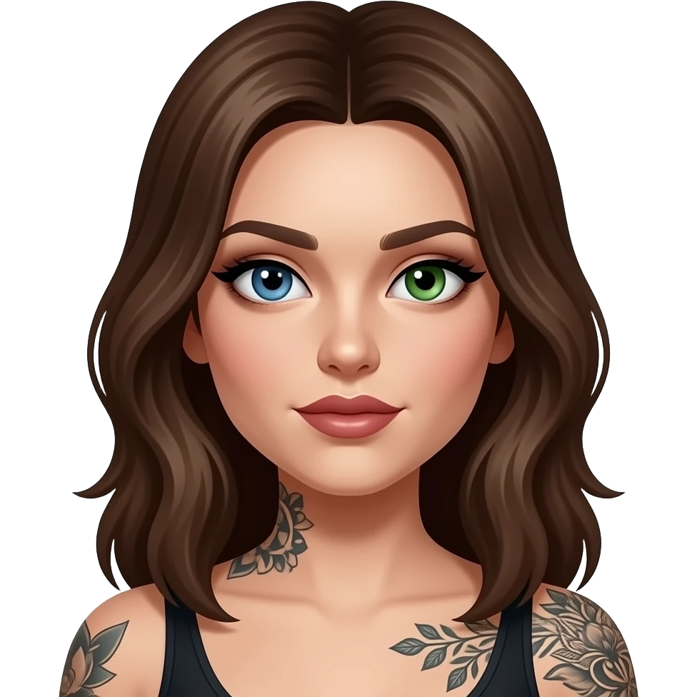 Pale skinned brunette woman with One blue eye one green eye pale white woman with brown hair and tattoos and dark Feminine makeup emoji