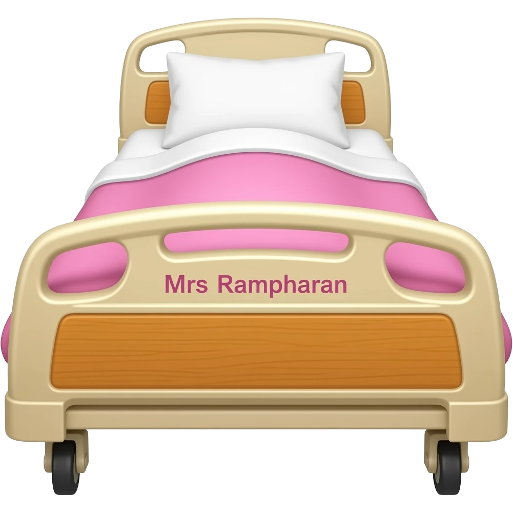 Pink and gold hospital bed with name Mrs Ramcharan emoji