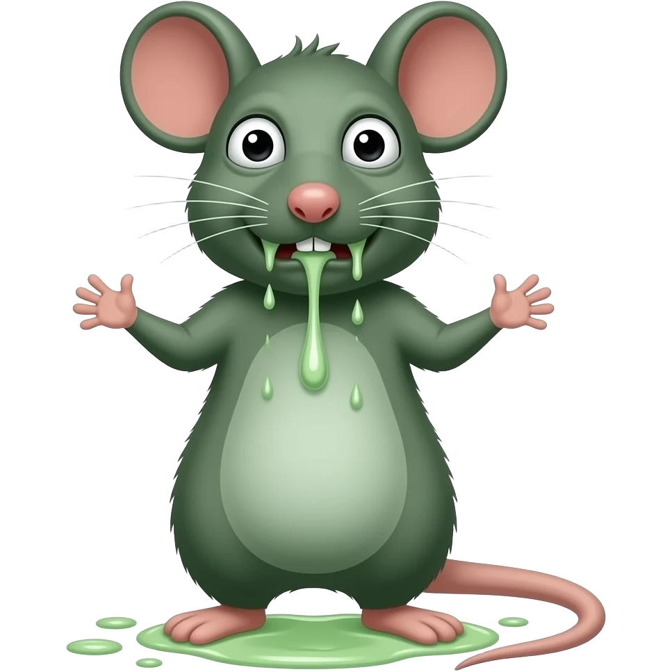A little green mouse standing upright, with arms and legs that look like those of a little person, staring at us with repulsive face on its face. He's going to throw up .The mouse’s body is entirely green. emoji