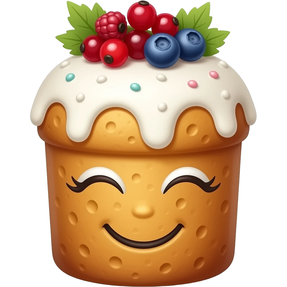 Улыбыющийся панеттоне золотистого цвета, высокий,  с глазами и ресницами с белой глазурью и украшением сверху из ягодок малины, грозди смородины красной черной, черники, зелеными лепестками emoji