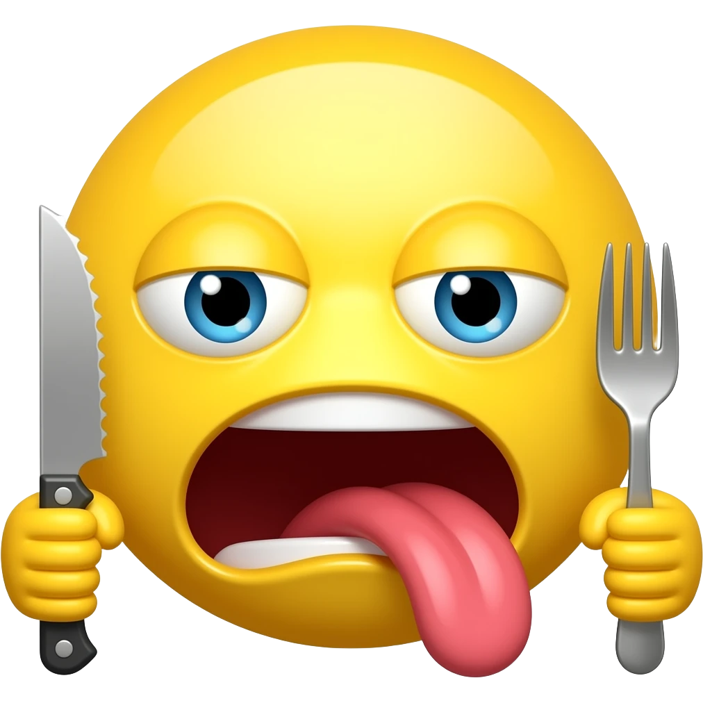 Yellow face classic emoji but hungrily salivating and holding a knife and a fork emoji