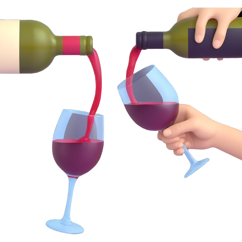 3D emoji style scene of a hand holding a wine bottle pouring wine into a wine glass, transparent background emoji
