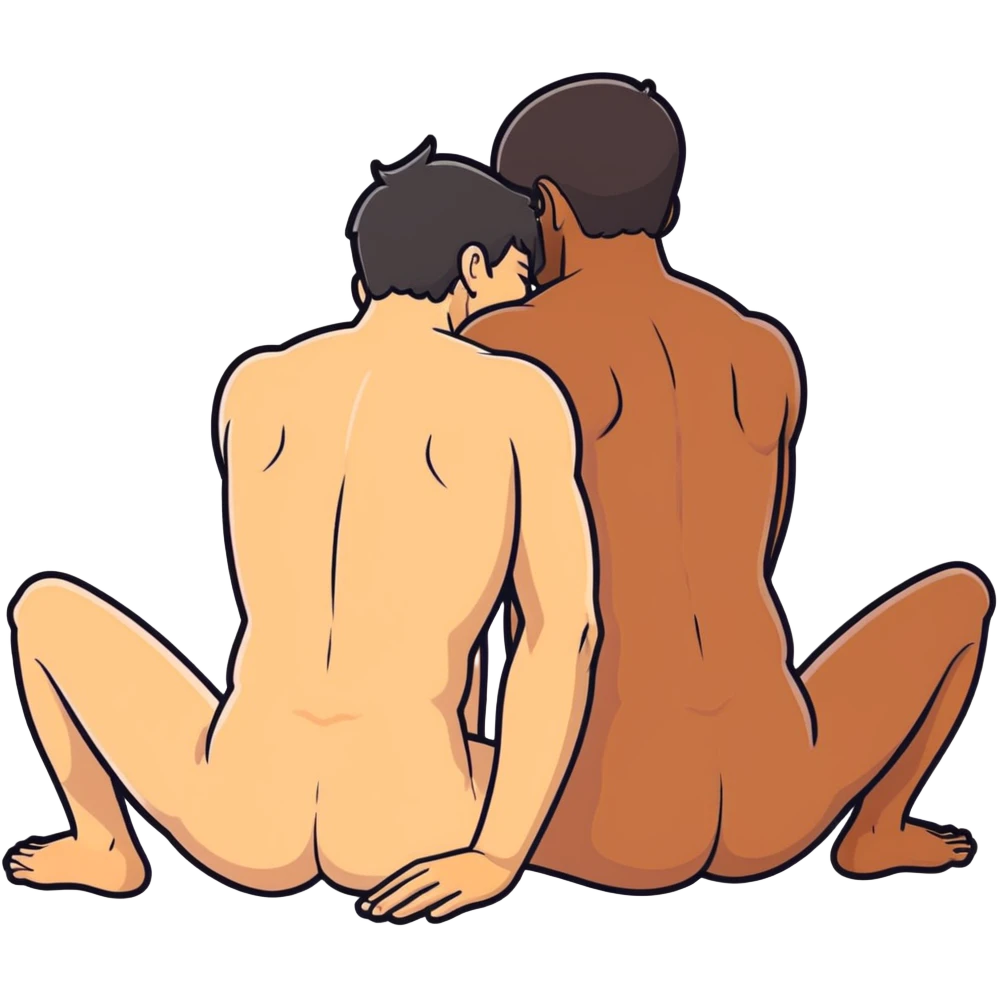 398.67(((White adult male dark hair))) ,(((Dark skin  adult male))), naked, ((( sexual touching genitals))) , intercourse,spooning, kissing eyes closed tongue open mouth ,rear view, erotic rubbing body emoji