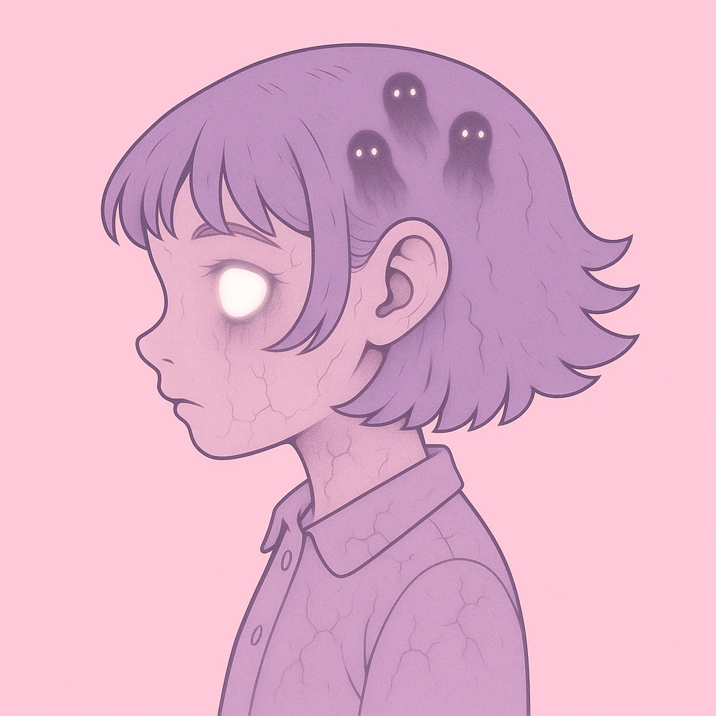 Add more horror details to this pastel horror profile picture, keep it cute, expressive, and minimal, in the style of imagen-4-fast (soft pastel colors, subtle horror elements, minimalistic and cute expression) emoji