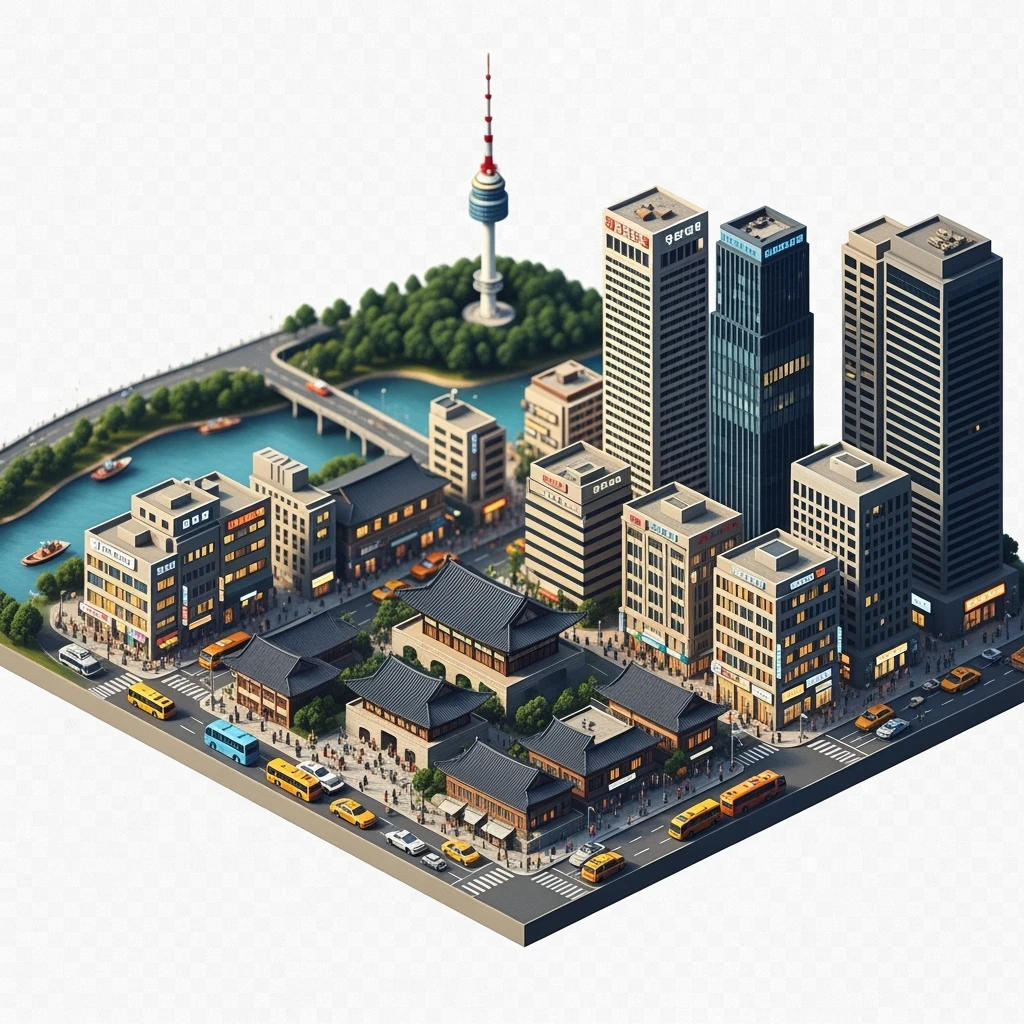 Isometric miniature of Seoul atmosphere of the city 3D miniature effect and Tilt Shift effect, no cartoonish look, transparent background. emoji