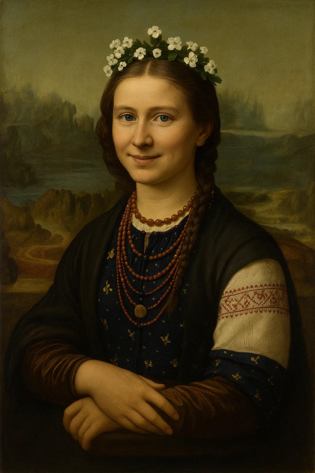 Insert the character from the provided image into Leonardo da Vinci's 'Mona Lisa' painting, preserving the Mona Lisa's enigmatic smile and soft sfumato technique. Maintain the classical portrait pose and Renaissance style of the original artwork, blending the character seamlessly into the scene with harmonious lighting and texture. emoji