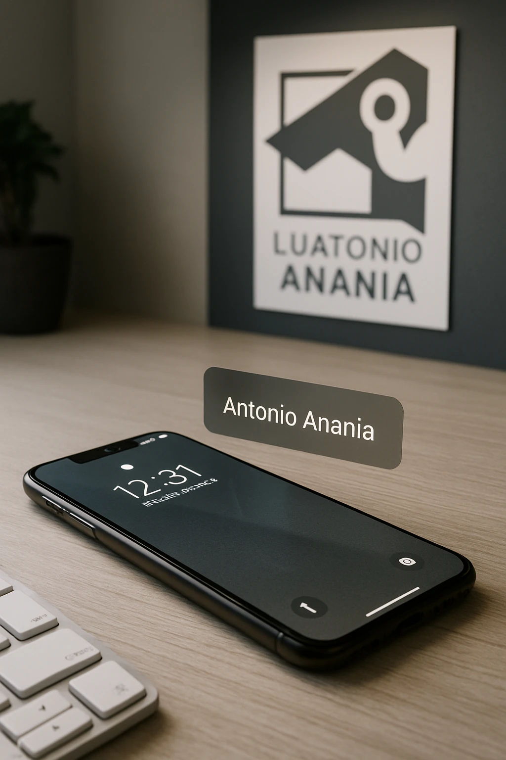 A photo of an iPhone with the message "Antonio Anania" on its scree, both surrounded by soft light and shadow. The phone sits atop a desk with a blurred background that suggests work environment. A faint glow from above casts gentle shadows across the surface of each object, creating depth and highlighting their textures. emoji