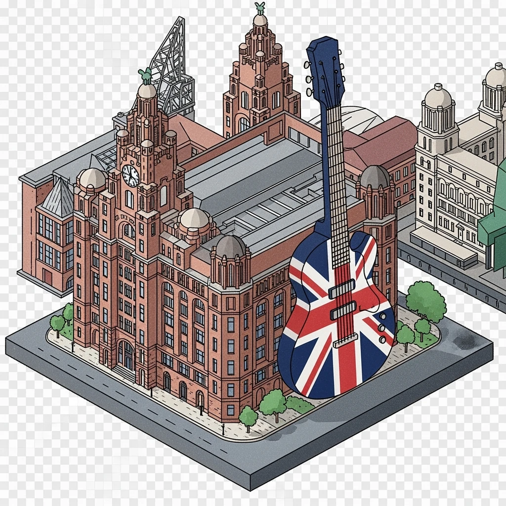Isometric illustration of Liverpool featuring The Beatles Story museum, a Union Jack guitar and brick building in a miniature, slightly hand-drawn style, balanced between stylized and realistic, no cartoonish look, transparent background. emoji