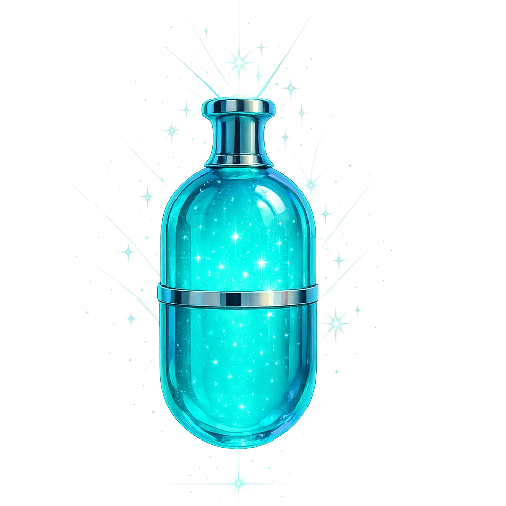 capsule-shaped luxurious elixir bottle, cyan color, iridescent and silver details, very small neck, seamless bottom, extra intense magical glowing and sparkling effects, floating, no base or shadow, transparent background, modern, matching a collection emoji