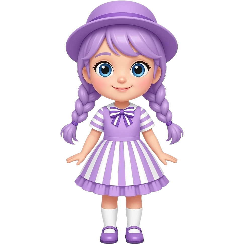A girl with pale purple hair tied in two braids, and blue eyes and wearing a pale purple dress with pale purple and white striped short sleeves, a pale purple and white striped skirt with a pale purple frill, a pale purple and white striped bow, a pale purple hat, white socks and pale purple shoes. emoji