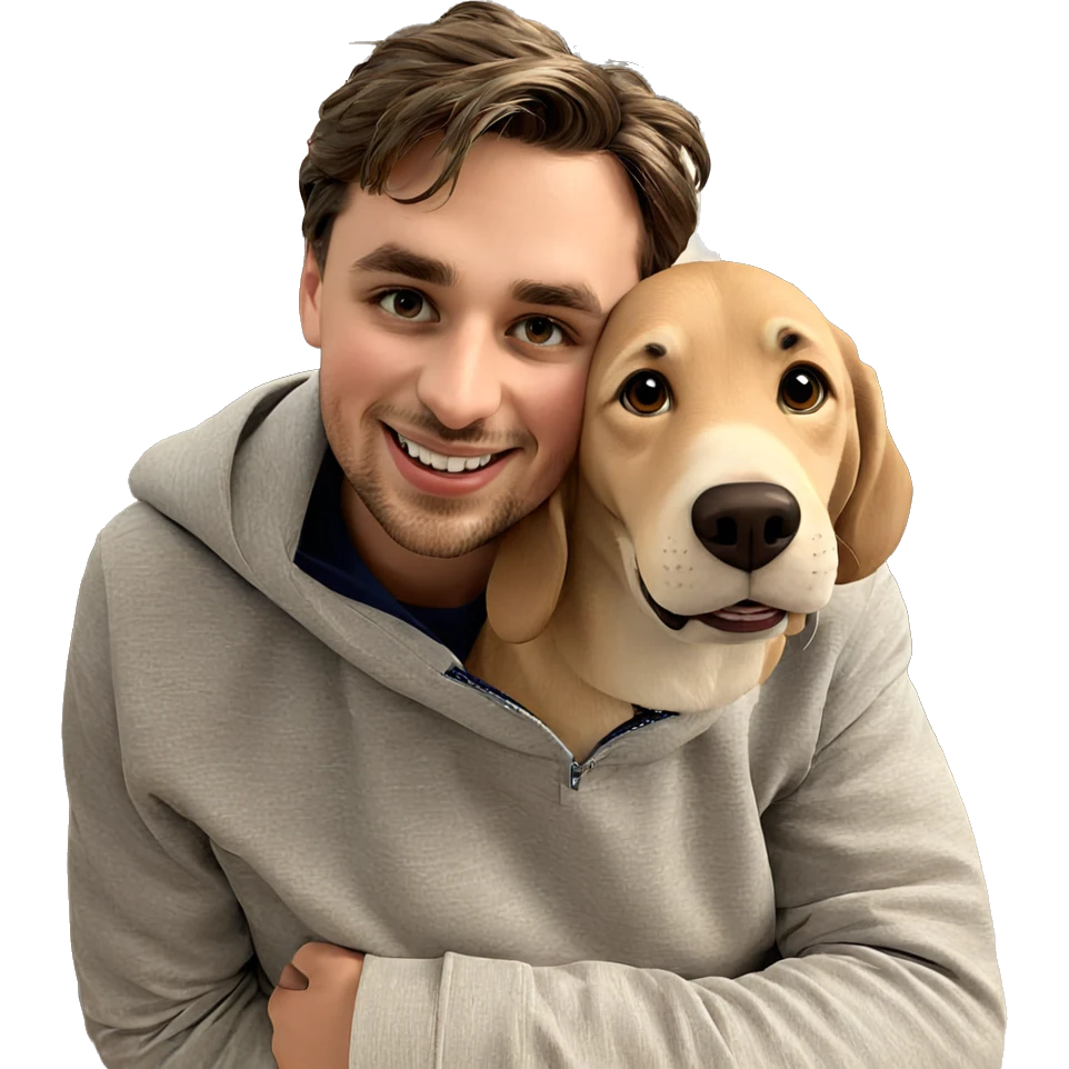 smiling boy with dog indoors emoji