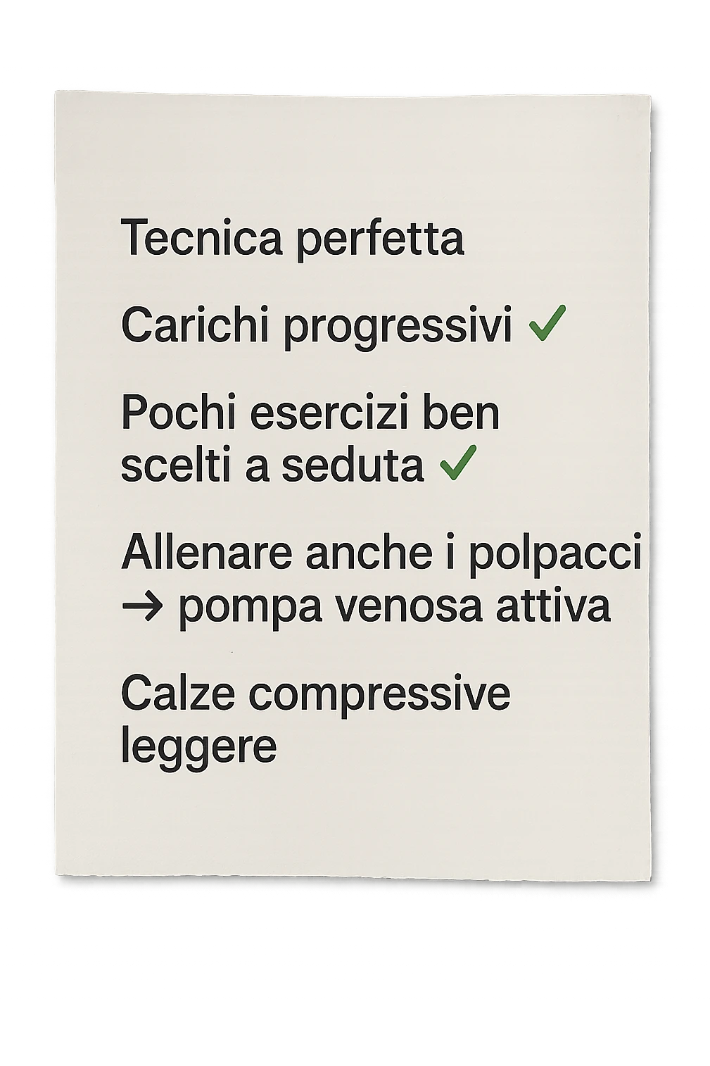 FOGLIO DI CARTA PER L'ALLENAMENTO IN PALESTRA CON LA SCRITTA "Tecnica perfetta
 ✅ Carichi progressivi
 ✅ Pochi esercizi ben scelti a seduta
 ✅ Allenare anche i polpacci → pompa venosa attiva
 ✅ Calze compressive leggere" , IPERREALISTICA 4K emoji