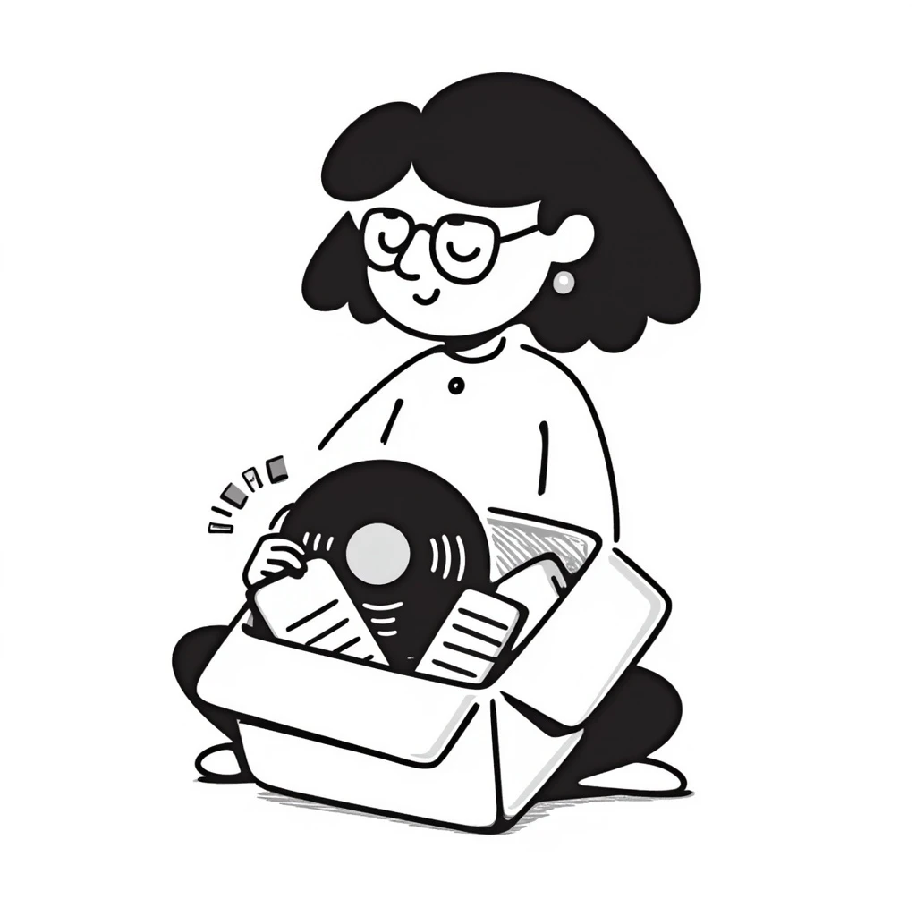 An open box containing a protective amulet from mom, a vinyl record from a friend, bandages, and glasses emoji