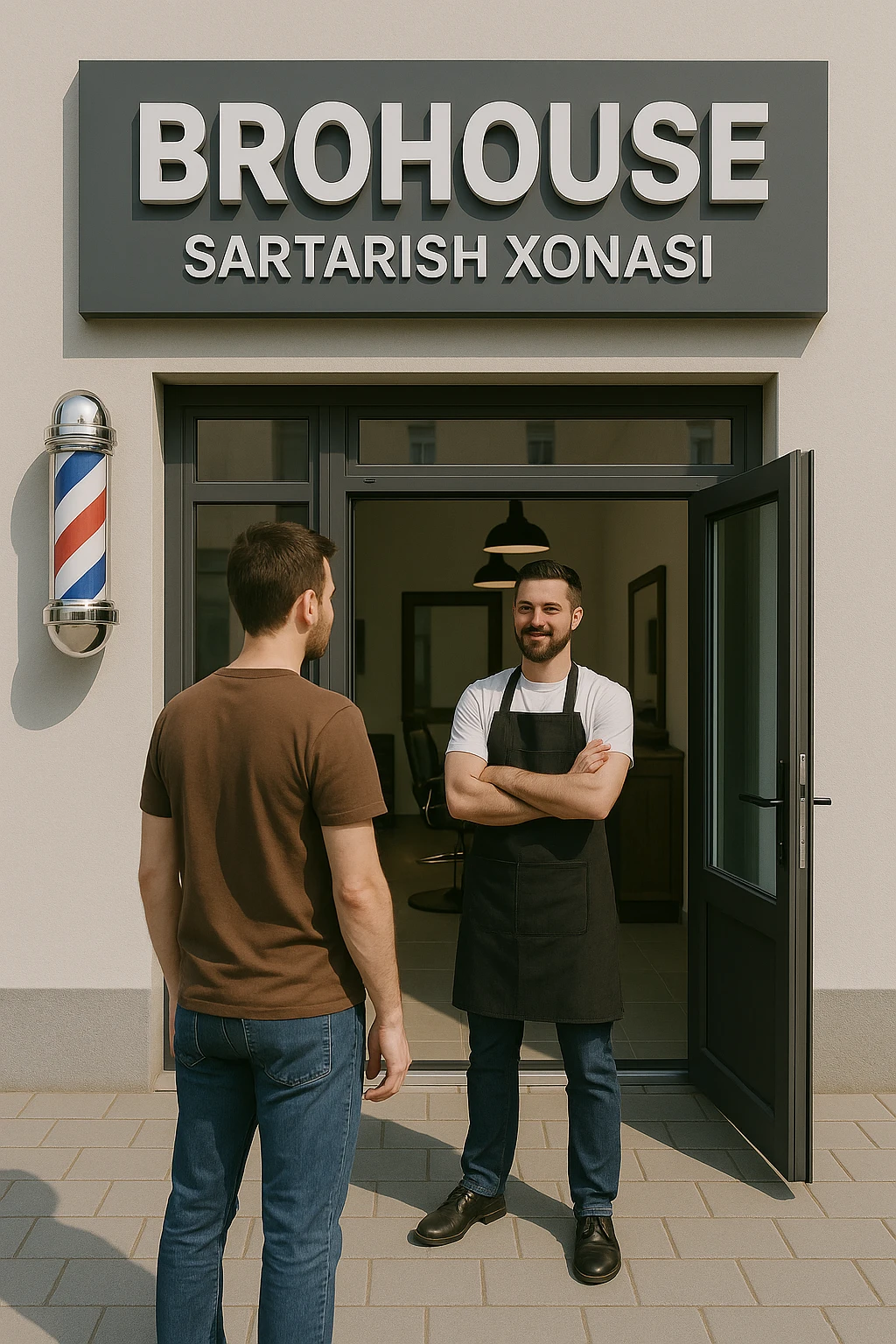 eni shu rasimga boyagi sartaosh oka eshik oldida tursin va tashqarida esa mijoz emoji