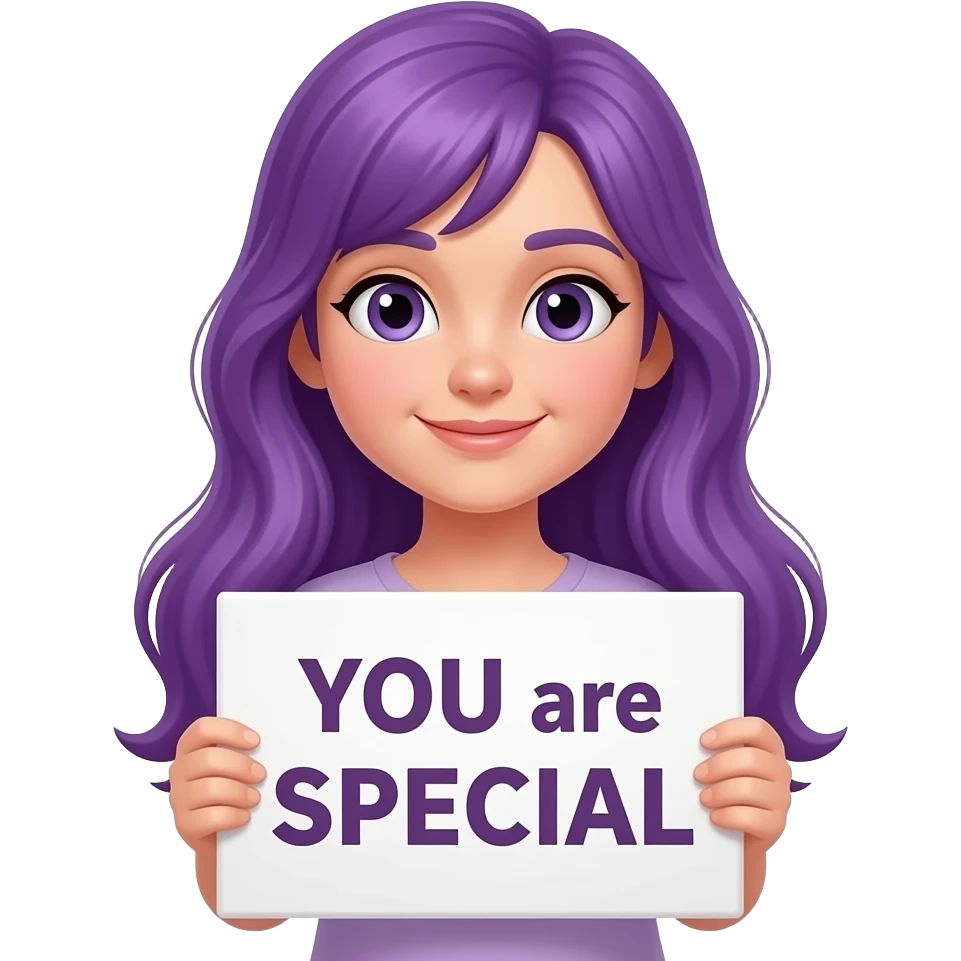 girl with long purple hair with a YOU are SPECIAL sign emoji