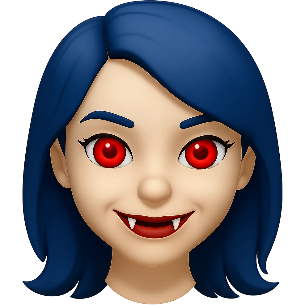 Make the character cute, not laughing, but add something to make her look scary such as fangs, glowing eyes, or a subtle sinister smile. She has blue hair, is a white girl, and has red eyes. Render in emoji style. emoji