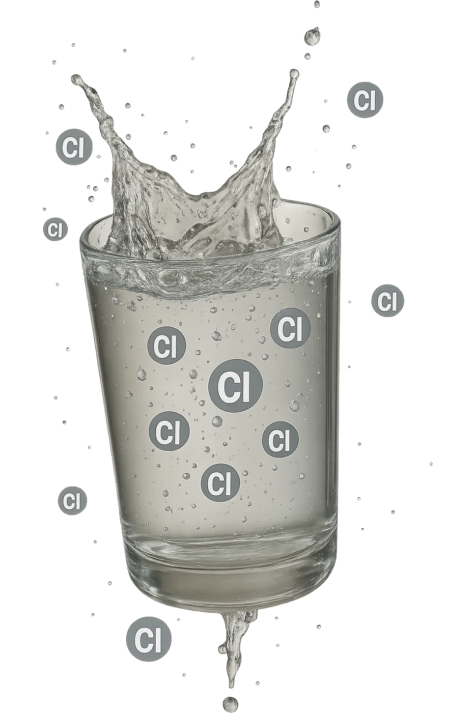 un bicchiere di acqua cade verticalmente dall'alto realistico e dettagliato, dentro l'acqua del bicchiere ci sono particelle di cloro ben visibili con la scritta "Cl" sopra, ci sono particelle anche che escono dal bicchiere e fluttuano in aria verticalmente, mentre alcune sono all'interno dell'acqua nel bicchiere, iperrealistico 4k emoji