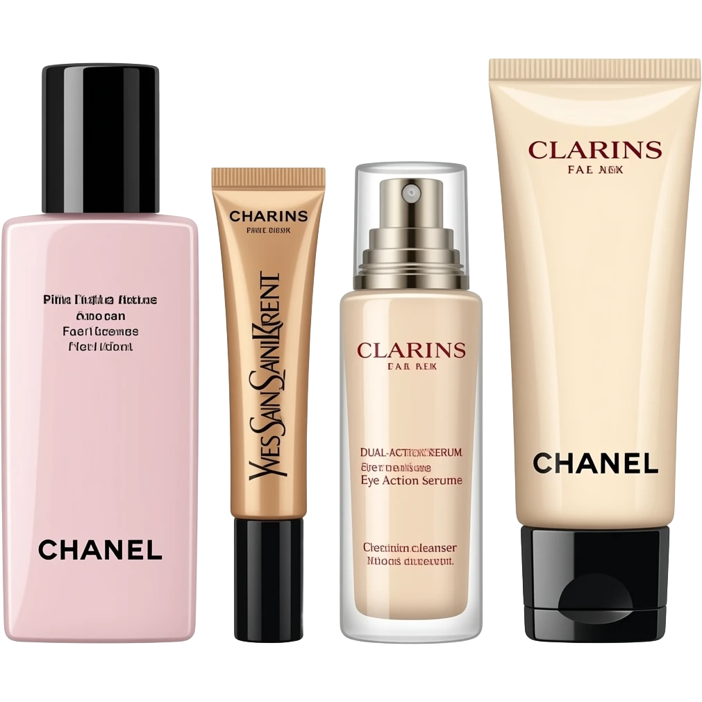 Chanel Pink Lotion, Yves Saint Laurent Eye Cream, Dior Face Cream, Clarins Dual-Action Serum, and Chanel Cleanser, along with a sheet mask, neatly arranged emoji