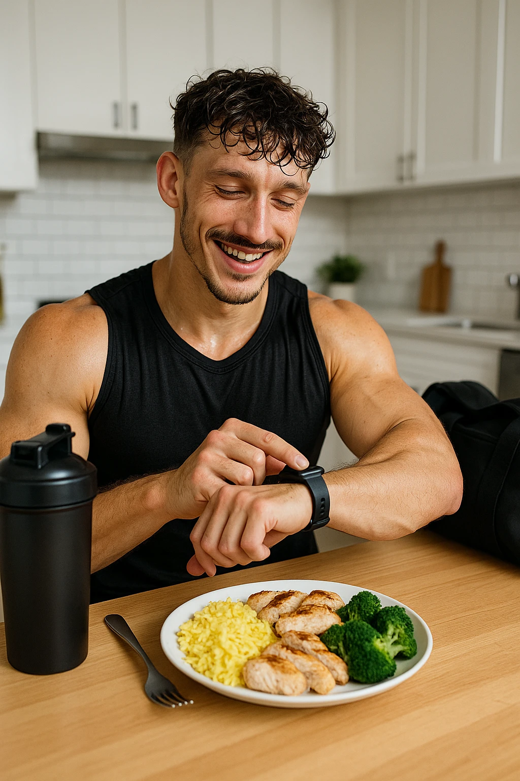 a fit man in his 30s, still in gym clothes and slightly sweaty, sits at a kitchen table right after a workout. In front of him is a balanced meal with a generous portion of rice, pasta, or potatoes, along with lean protein and vegetables. He checks his watch or a fitness app, smiling with satisfaction as he times his post-workout meal. The background is a bright, modern kitchen, with a shaker bottle and gym bag visible. in italiano emoji