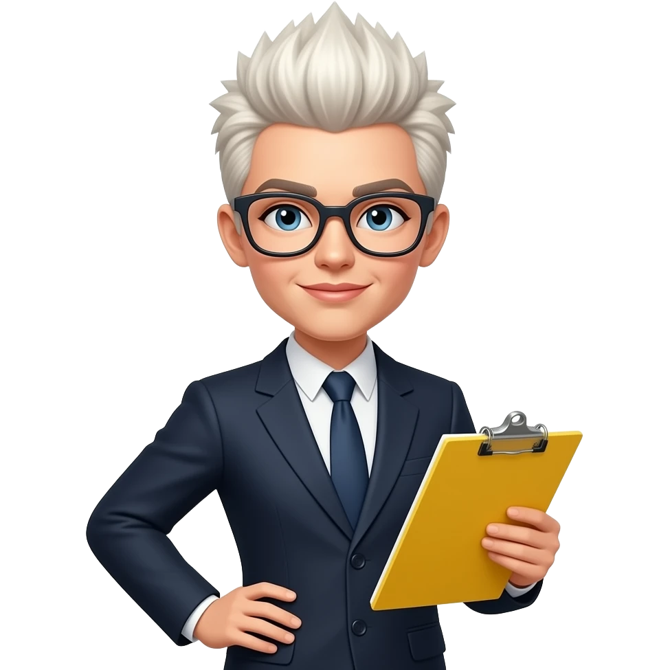 woman, bleach blonde hair, very short, stiff, sharp spiky hair, styled in vertical points, styled upward, wearing glasses, one hand on hip and one holding yellow legal pad emoji