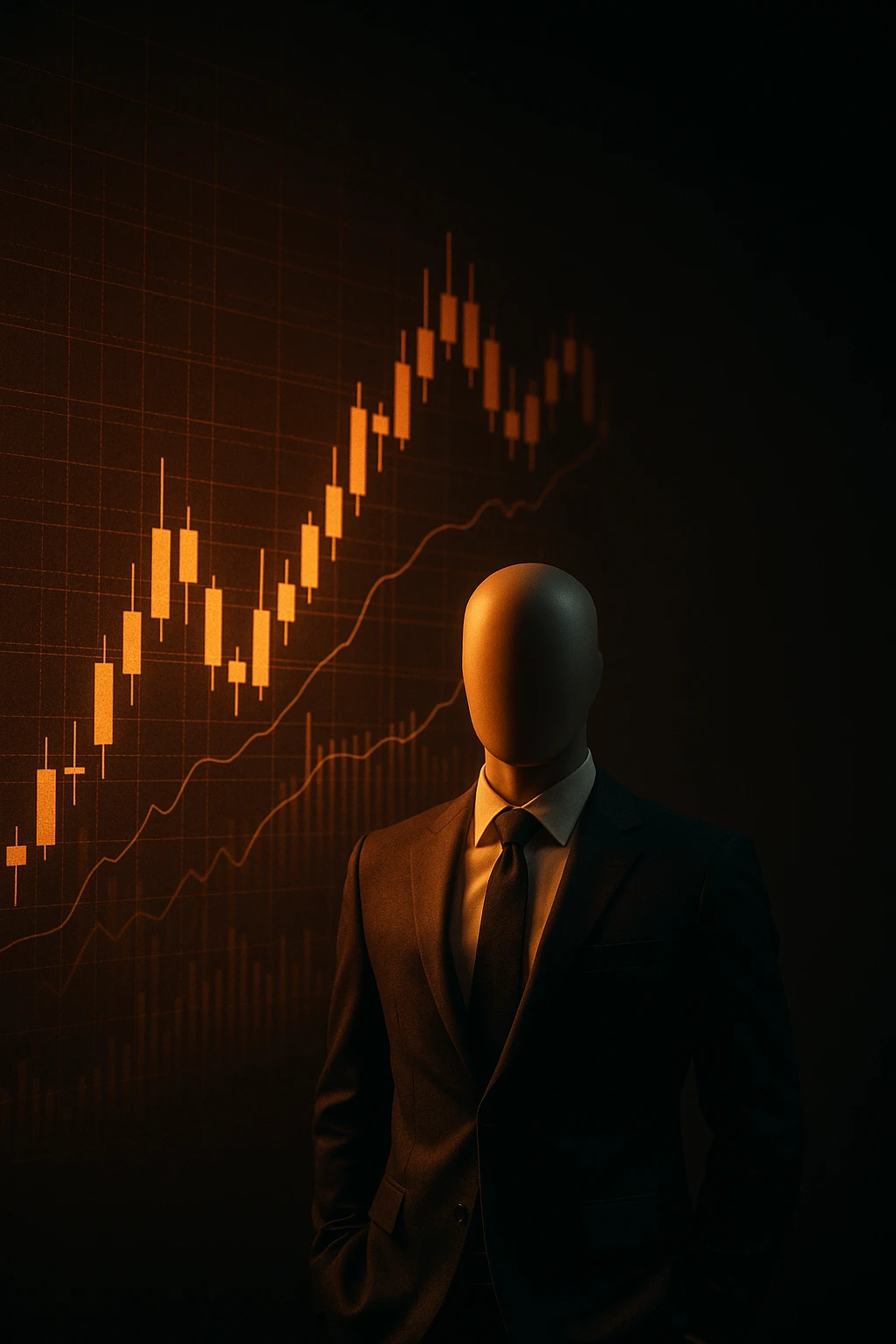 Cinematic 3D render of a faceless mannequin in a suit, standing in front of a giant glowing stock market graph (candlesticks, charts). Large empty wall space on the right for text overlay. Dramatic lighting, deep contrast, epic finance atmosphere. emoji