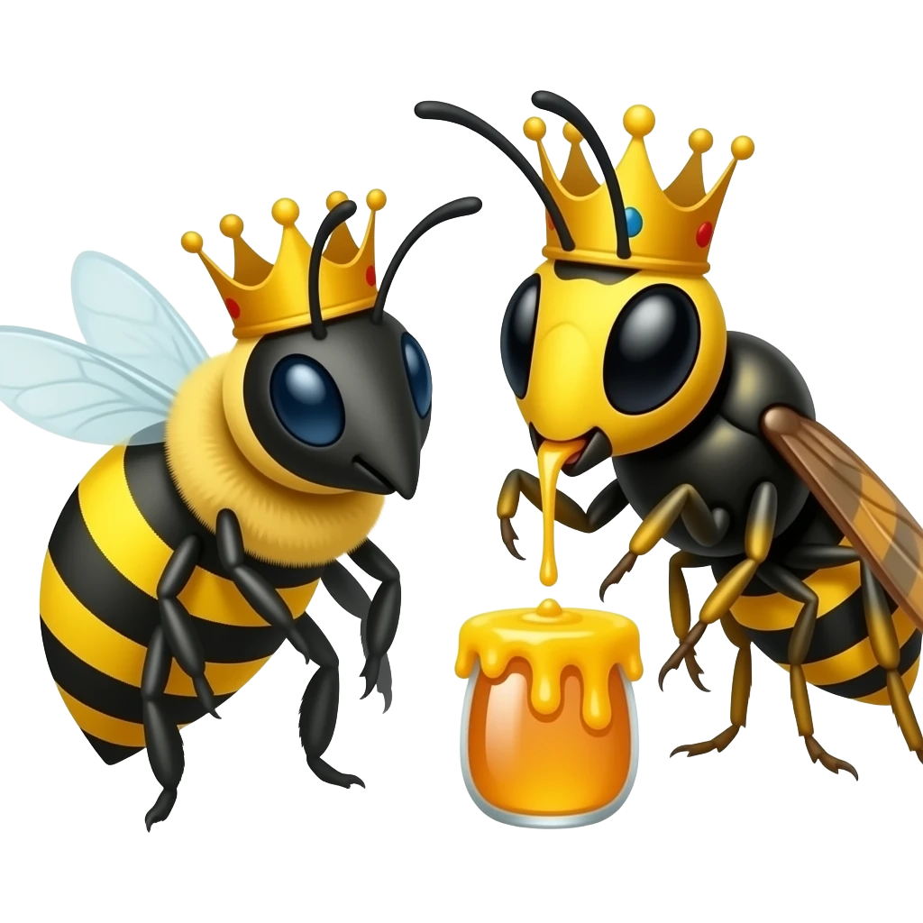 Make a Queen honeybee with an crown and king Wasp with an crown eating honey emoji