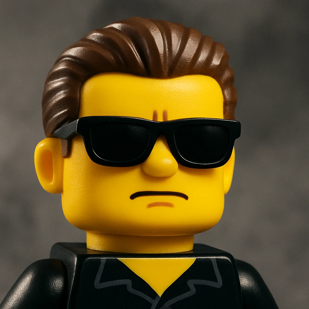Transform this face into a LEGO minifigure style with yellow LEGO skin tone and blocky features, keeping the sunglasses and slicked-back hair. The style should resemble the iconic LEGO minifigure look. emoji