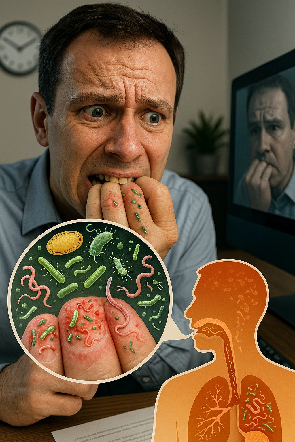 Anxious man at office desk unconsciously biting fingernails, microscopic overlay showing parasitic eggs and bacteria concentrated under nail beds, worms and microorganisms being consumed with each bite, expression of nervous habit unaware of contamination, computer screen reflecting his stress while he infects himself, fingertips raw and bleeding from chronic nail-biting, invisible parasite colonies entering his digestive system emoji