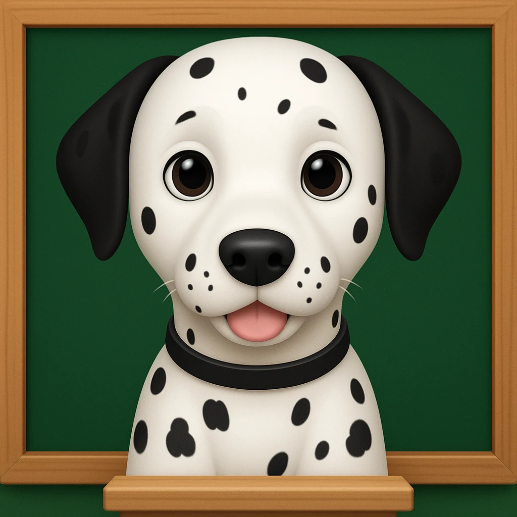 Dalmatian in front of a green school board in a wooden frame, iphone emoji style emoji