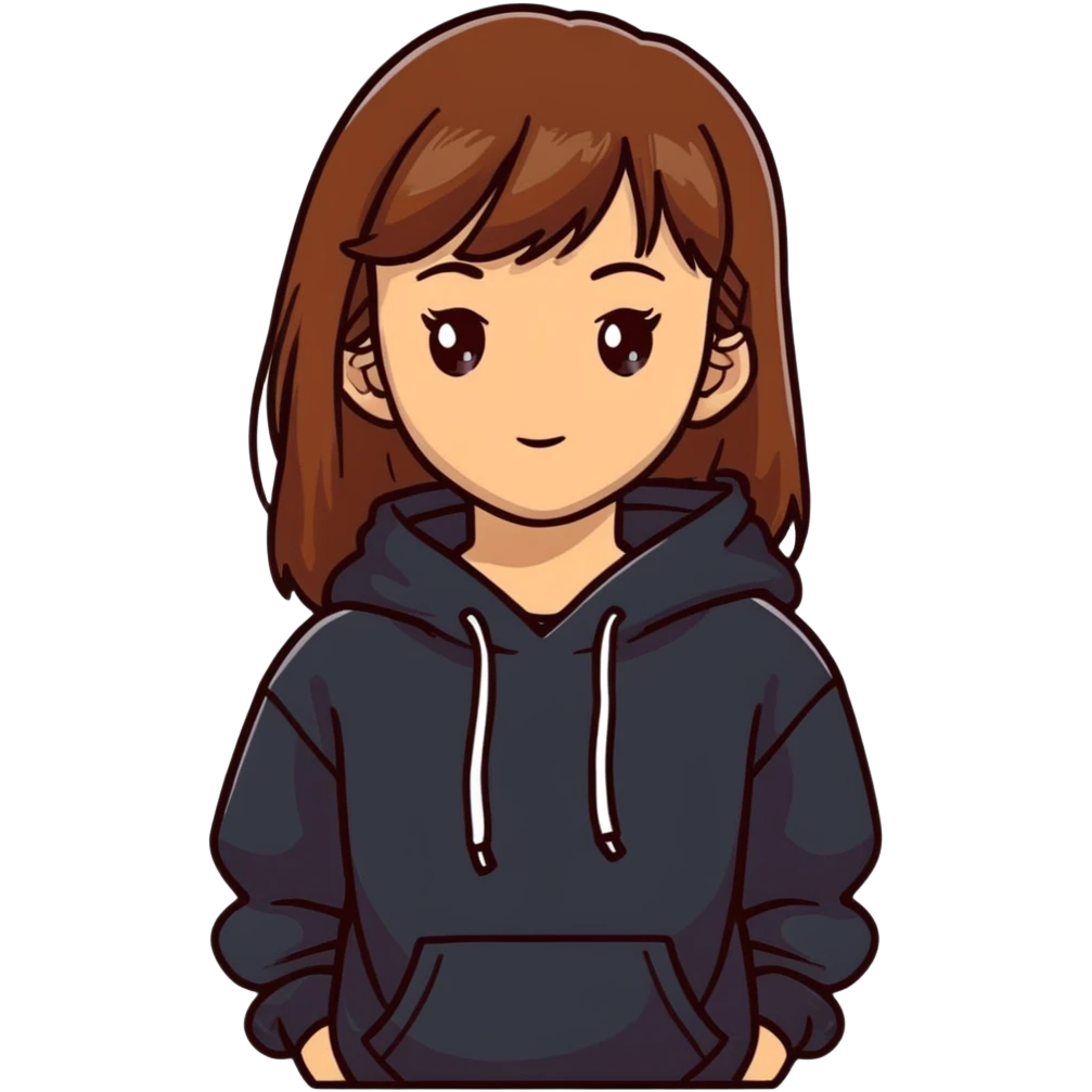 Light skinned girl with brown eyes, long brown hair with bangs, wearing a black sweatshirt emoji