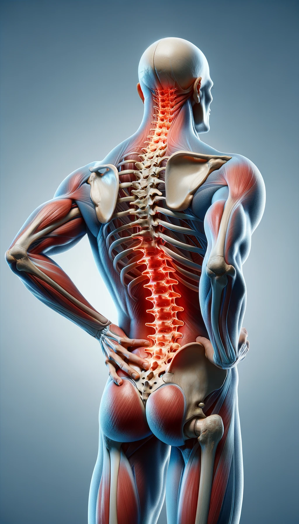 corpo umano anatomico di spalle e fisico storto, spina dorsale in evidenza, dolore alla schiena su un lato, iperrealistico 4k emoji