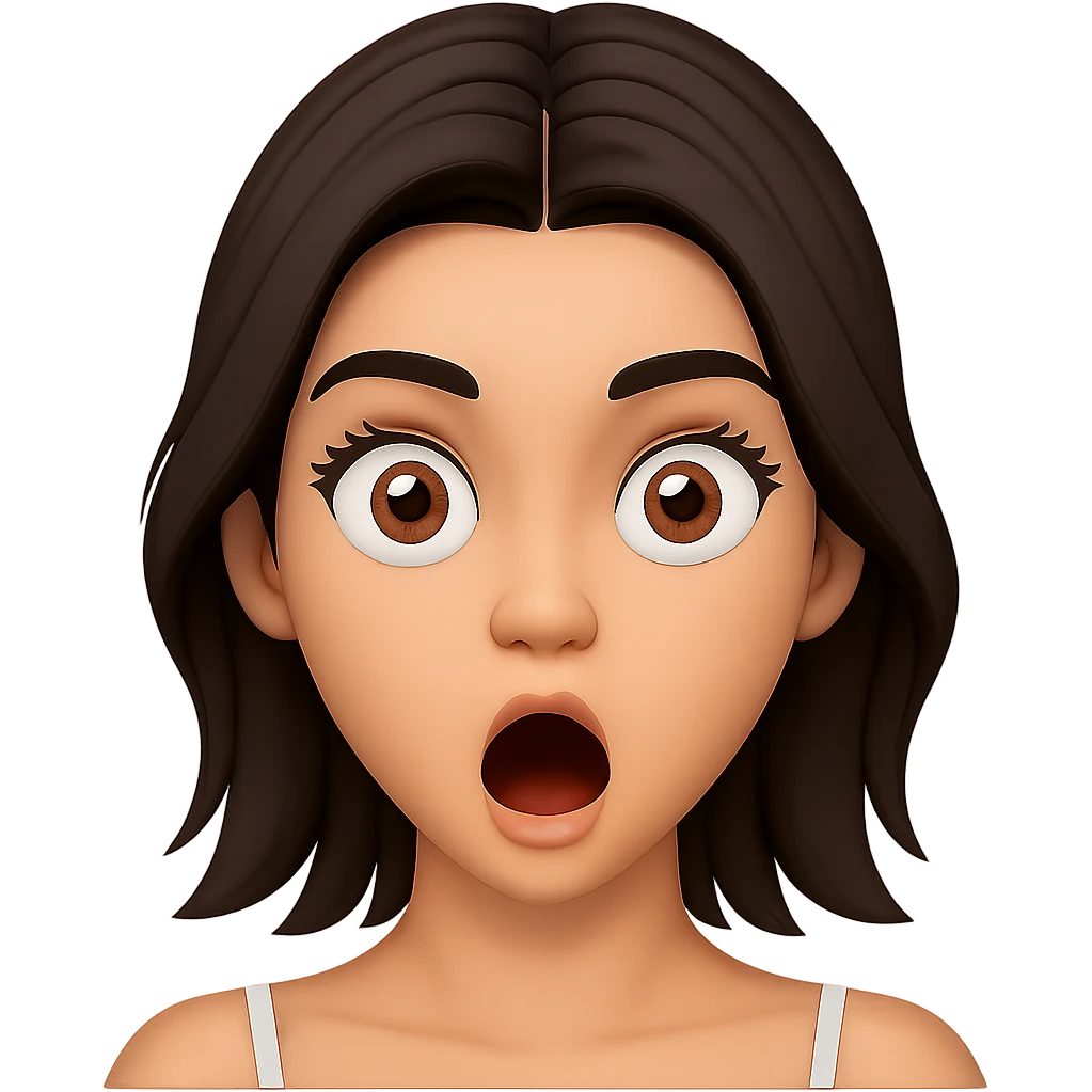 Edit the female face with short dark hair, center part, brown eyes in Apple emoji style with a 3D look and soft shading. Create a surprised expression. Transparent background. emoji