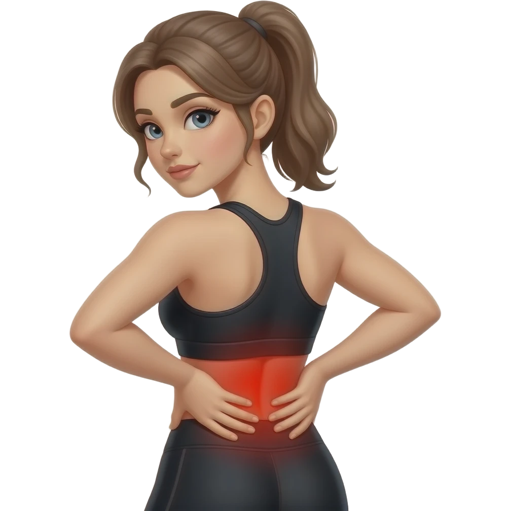 back pain, full red glow covering the entire back, woman with hands on lower back, fair-skinned woman, gray-blue eyes, ash brown brows, ash light brown hair tied back, slim athletic body, black workout set emoji