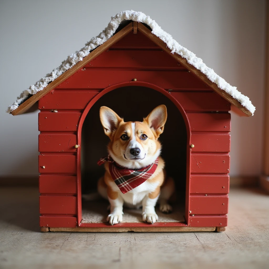 realistic red dog house with a Corgi dog inside, Corgi with a scarf, photorealistic style emoji