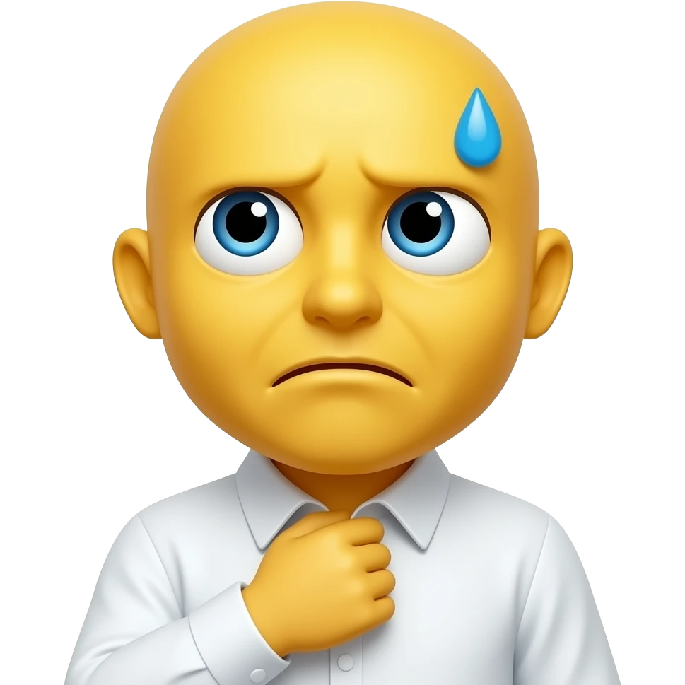 classic yellow face. The emoji has an awkward, nervous expression with eyes looking away to the side, avoiding eye contact. One hand is reaching up to pull and tug at the collar of a white dress shirt, creating a gap as if gasping for air. A single drop of blue sweat drips from the forehead. emoji