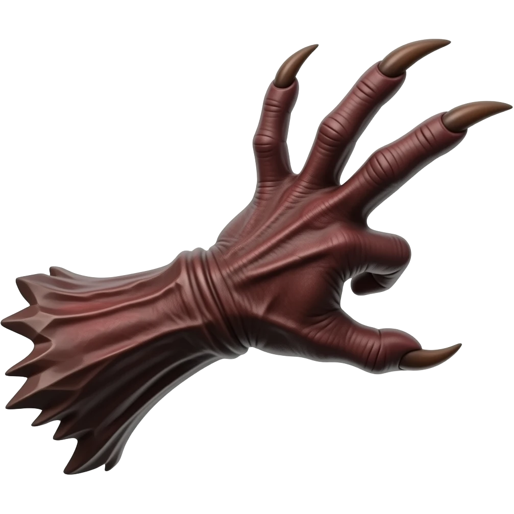 Long dark Demonic hand with sharp claws. Make the hand reach out to attack and slash towards the right of the image violently. Shift the perspective to a side profile to show the curvature and length of the claws more clearly. emoji