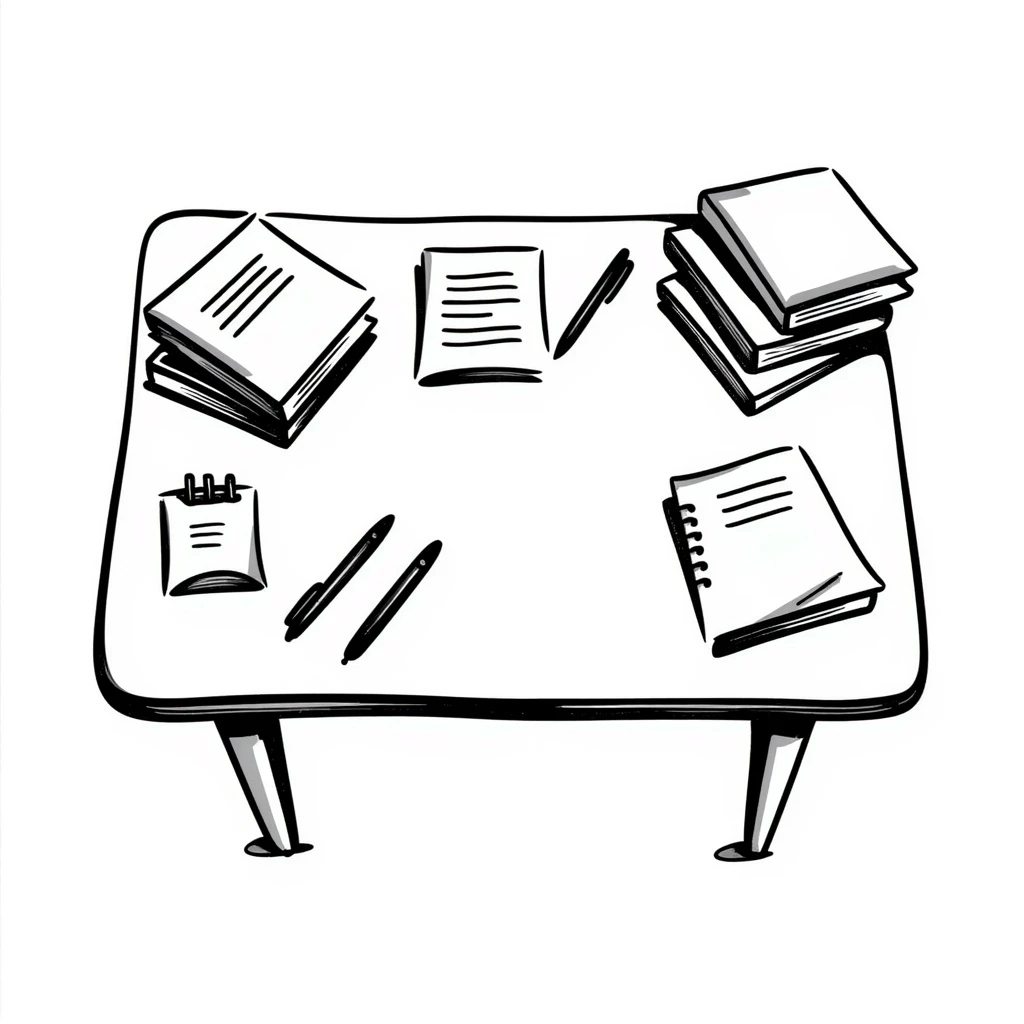 a table with scattered paper, pens, and homeschool books, hand-drawn doodle style emoji