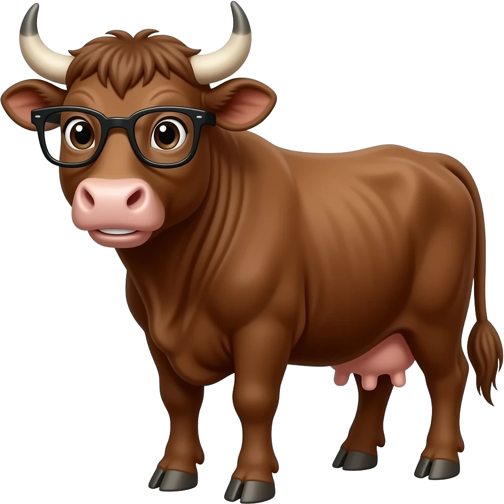 a whole body of brown wagyu cow but look at camera with a little smile but look cool and nerd and wear thug life glasses emoji