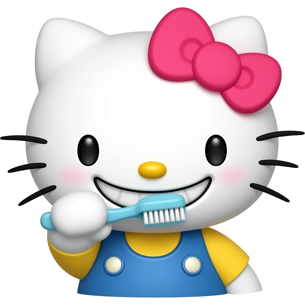 Hello kitty brushing teeth with a big smile emoji