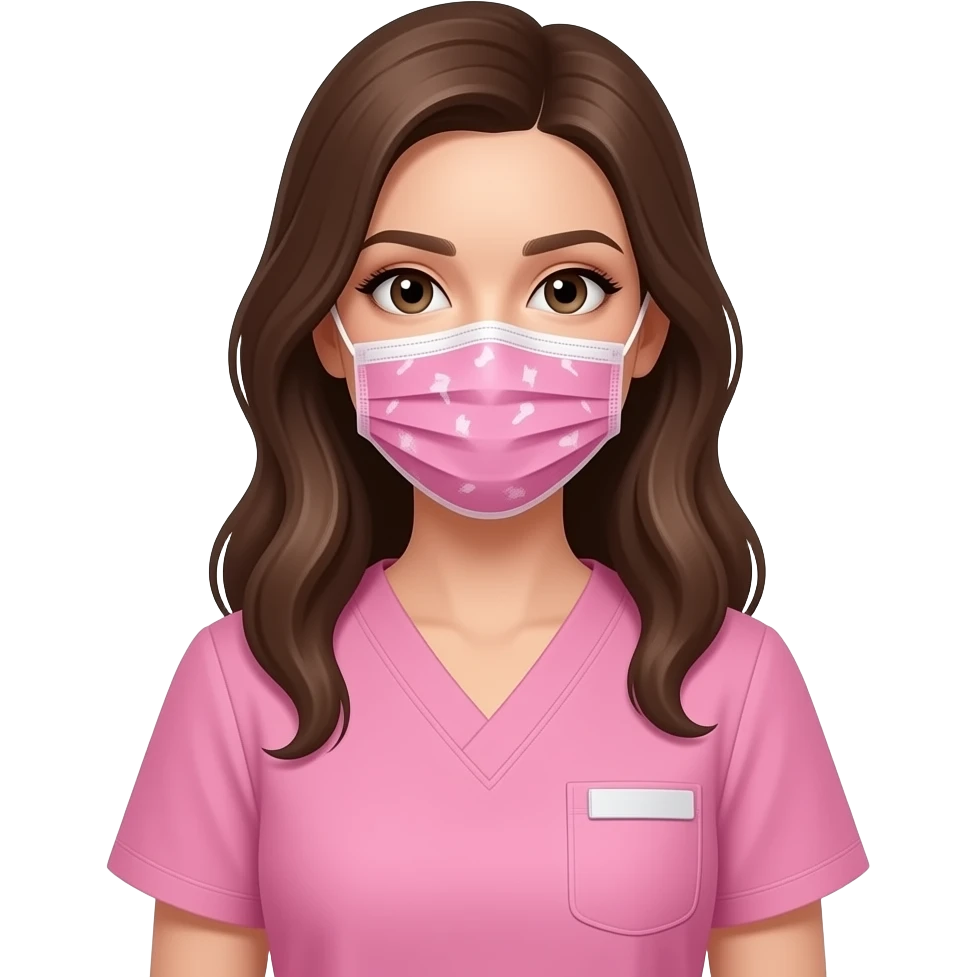 mejer-joven-de-cabello-oscuro-y-piel-clara-con-uniforme-medico-rosado-del-torso-hacia-arriba-debe-llevar-tapabocas rosado con laser nd yag blanco sin logo en la mano emoji