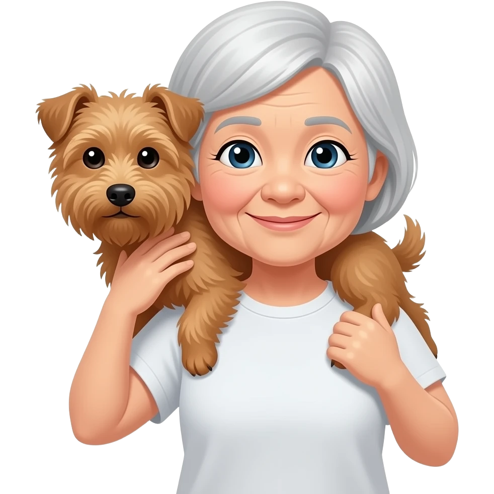 Asian grandma wearing tshirt with short white hair carrying brown terrier emoji