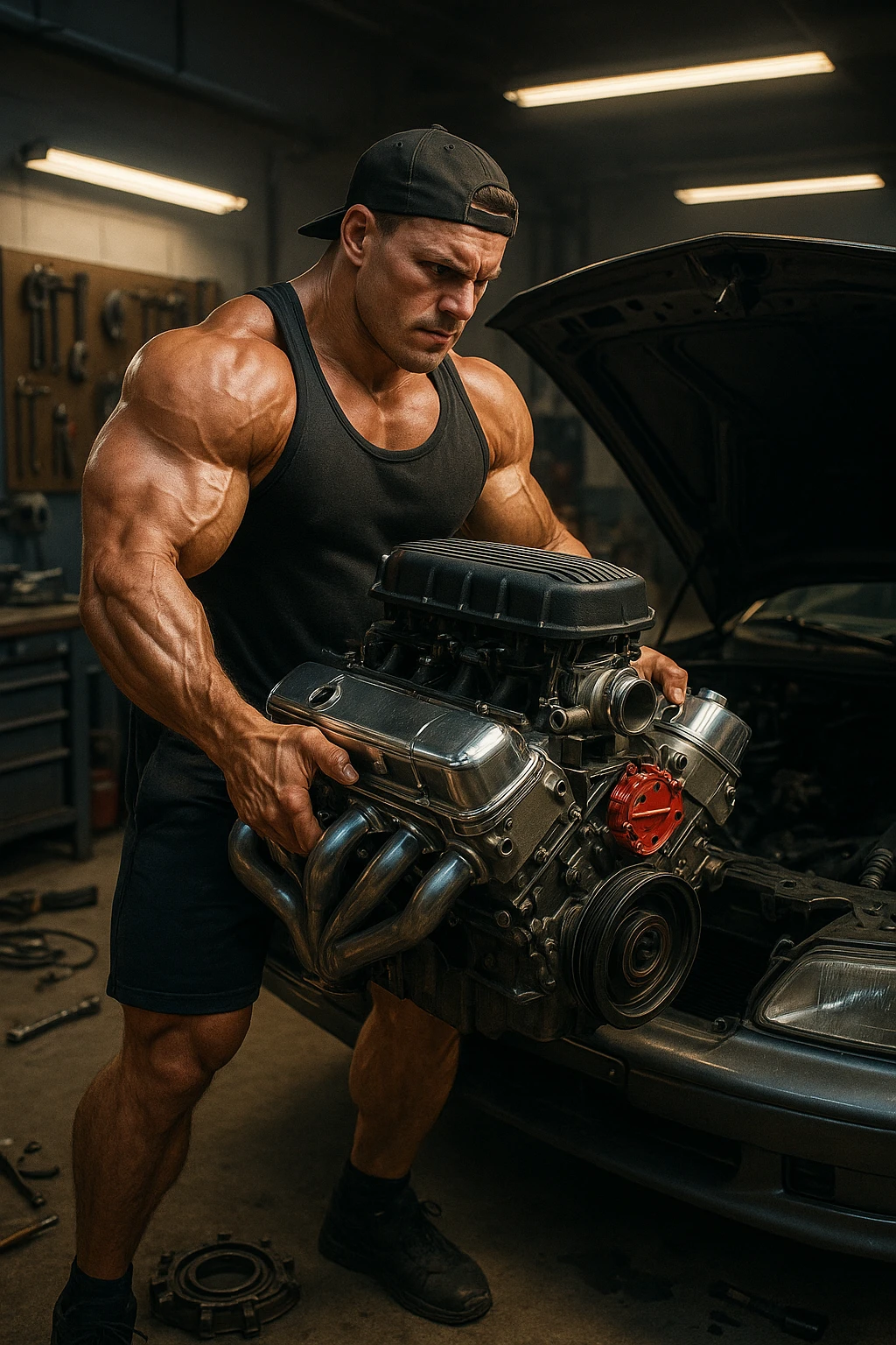 a muscular bodybuilder in gym attire stands next to a car with the hood open, lifting a large, shiny, high-performance engine with ease. His expression is focused and determined as he installs the new engine. The background is a modern garage, with tools and car parts scattered around, emphasizing strength and mechanical skill. emoji