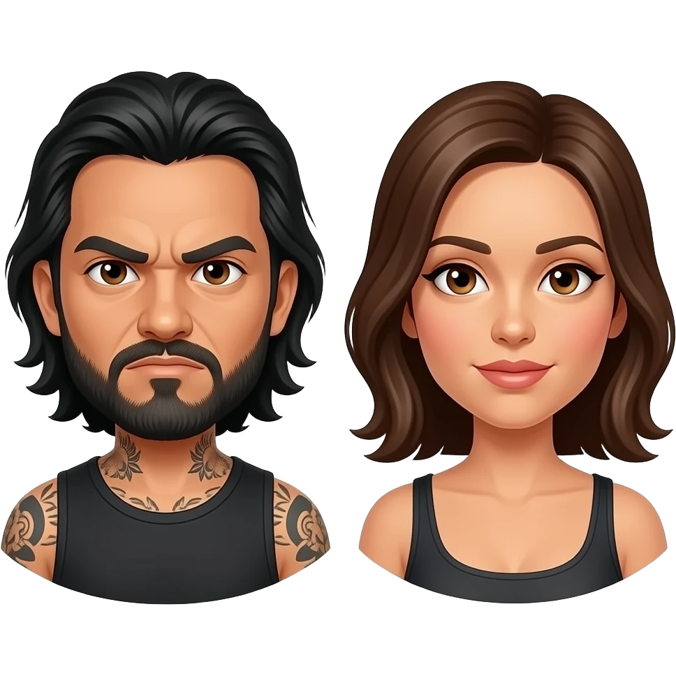 A really angry Latino husband with medium length hair and beard and tattoos found out his wife was cheating on him with a bald, red bearded guy, and his wife is beautiful with hazel eyes and shoulder length brown hair and their relationship is broken emoji