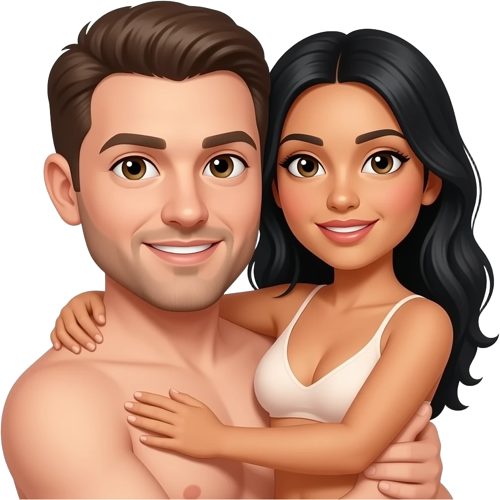 A Caucasian man holding and a Hispanic woman with black hair nude emoji