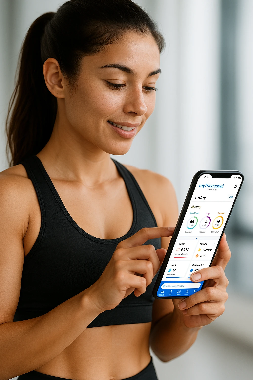 Donna sportiva che usa app contacalorie come myfitnesspal emoji