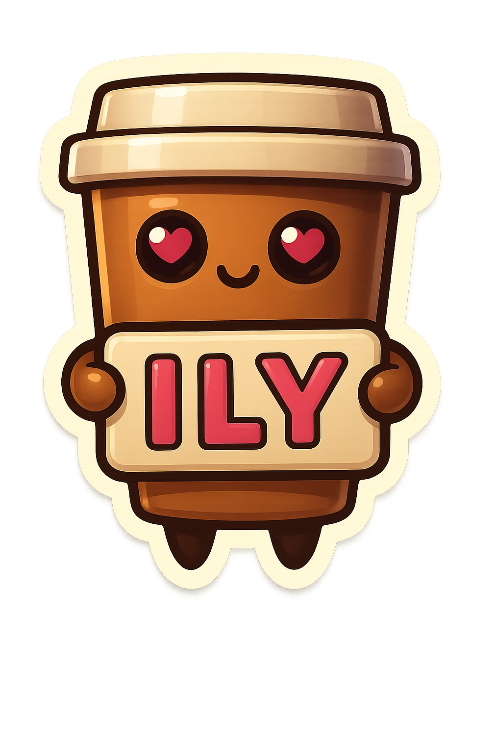 Tall coffee cup, no mouth, big heart eyes, giant sign "ILY" emoji